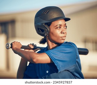 Sports, baseball player or black woman with a bat, fitness or game with power strike, hit or swing. Person, health or athlete in club competition, practice match or softball with training or exercise - Powered by Shutterstock