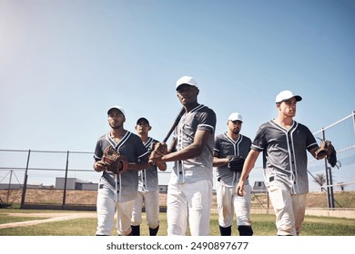 Sports, baseball and portrait of group on field for game day, world series championship and national league for playoff. Stadium, pitch and players in uniform with diversity, serious and united team. - Powered by Shutterstock