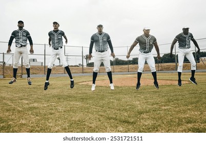 Sports, baseball and team jump during training, workout or warm up exercise to prepare for game, club competition or match. Softball player, field pitch and group of athlete working on cardio fitness - Powered by Shutterstock