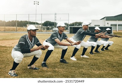 Sports, baseball and team stretching in training, exercise and fitness workout on a baseball field in Houston, USA. Teamwork, softball and healthy group of men ready to start playing a match game - Powered by Shutterstock