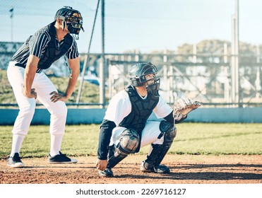 Sports, baseball and umpire with man on field for fitness, pitching and championship training. Workout, catcher and exercise with athlete playing at stadium for competition match, cardio and league