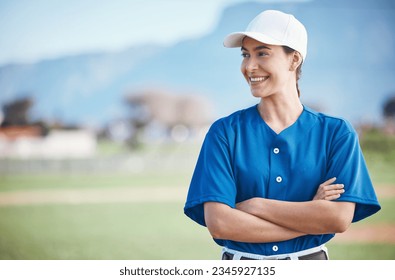 Sports, baseball and woman with arms crossed on a field for training, match or fitness goals on blurred background. Happy, softball and female coach at park with motivation, proud or positive mindset - Powered by Shutterstock