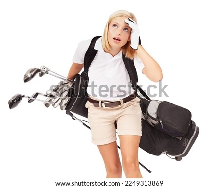 Sports, beauty and woman with golf bag isolated with white background, fitness, sport and caddy looking up. Golf, competition and tired woman carrying heavy bag with golf clubs, exhausted in studio. Foto stock © 