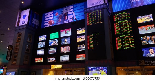 Sports Betting Board At The New York New York Casino And Hotel. Las Vegas, Nevada. March 14, 2021