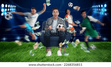 Sports betting. Man rooting for football team, money flying around him. Stadium with players on background