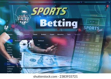 Sports betting. Multiple exposure with American football player, money and website pages - Powered by Shutterstock