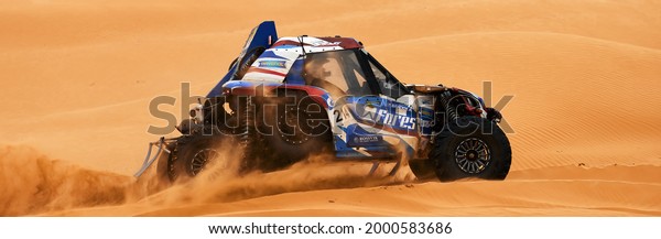 Sports car gets over the difficult part of the
route during the Rally raid THE GOLD OF KAGAN-2021. 26.04.2021
Astrakhan, Russia