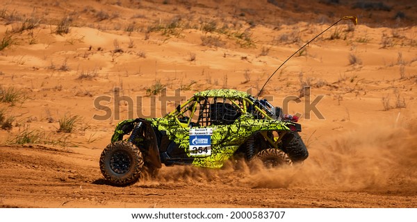 Sports car gets over the difficult part of the
route during the Rally raid THE GOLD OF KAGAN-2021. 26.04.2021
Astrakhan, Russia