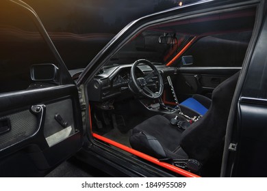 Sports Car Interior With Roll Cage And Drift Handbrake Night Photography