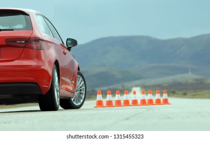 Sports Car On A Test Track With Cones