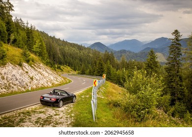 Sports car on winding alpine road (Zellerrain Pass, Zellerrain Strasse, Zellerrain Straße) near Mariazell, Austria, Mazda MX-5 (NC, NC2, NCFL, Miata). Amazing Green background HD. Perfect Wallpaper 4k