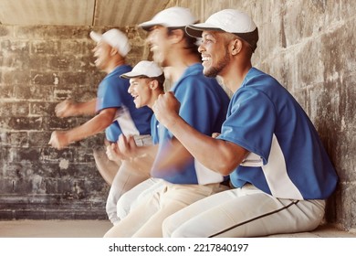 Sports Celebration, Baseball Winner And Team Celebrate Game Victory, Competition Win Or Point From Dugout. Winning Motivation, Partnership Or Softball Player Excited After Fitness Workout Or Teamwork