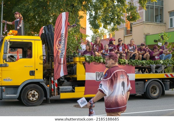 The\
sports center drives a car with friends during the Valmiera city\
festival. City Centre. Valmiera, Latvia -\
31.07.2022