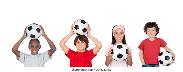 Sports for children. Group of joyful boys and a girls engaged in sports posing together. Education. Isolated over white background. 