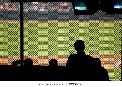 Sports Commentator Silhouettes On A Sports Field Background.