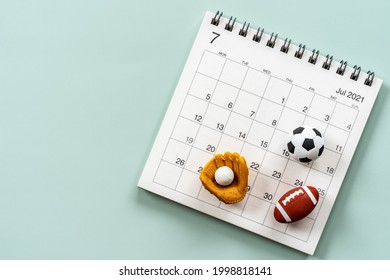 Sports day 2021; Japanese public holiday; a calendar and sports equipment's toys.