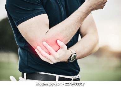 Sports, elbow pain and man on golf course holding arm during game massage and relief in health and wellness. Green, zoom on hands on muscle for support and golfer with ache during golfing workout.