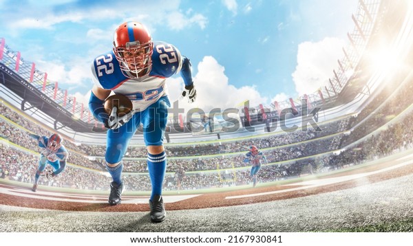 Sports emotions. American football in a large open\
stadium. Young agile american football player running fast towards\
goal line. Touchdown.\
Fans
