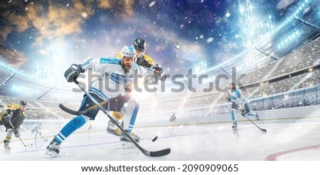 Sports emotions. Hockey action. Fight for the puck. Concept of action, team sport game, energy, ad