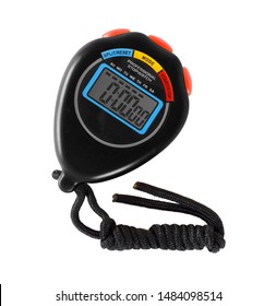 Sports Equipment - Black Digital Electronic Stopwatch Red Button On A White Background. Isolated
