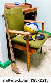 Sports Equipment In The Sports Department Of An Old, Run Down School