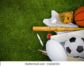 sports equipment on grass, football, rugby, baseball, cricket, basketball - Shutterstock ID 116262151