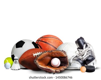 Sports Equipment, Rackets And Balls For All Seasons Isolated On White Background And Copy Space.