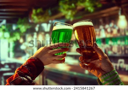 Sports event viewing party advertisement with featured drinks. Human hands cling lager and green beer glasses over bar background. Sport match translation. Concept of holidays, celebration, events