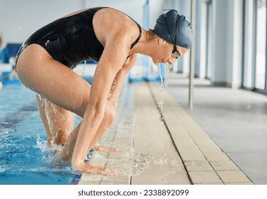 Sports, exit or woman in swimming pool training for competition, wellness or fitness workout. Healthy girl, done or tired female athlete swimmer getting out water after exercise to rest on break - Powered by Shutterstock