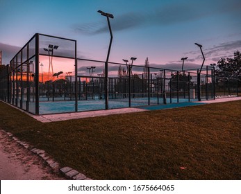 Sports Field Court To Play Padel. Blue Hour Sunset
