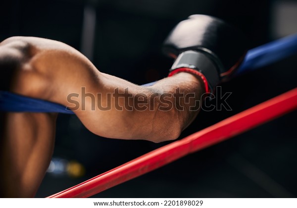 Sports, fight and hand of a boxing man resting\
in the corner of a boxing ring during an exhibition match, exercise\
or workout. Motivation, fitness and training boxer relax and tired\
after fighting