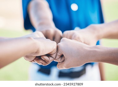 Sports fist bump, hands together and baseball team building, teamwork motivation or celebrate competition success. Closeup player, softball group and people collaboration, partnership and solidarity - Powered by Shutterstock