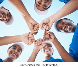 Sports, fist and portrait of baseball women below for support, teamwork and goal collaboration. Fitness, face and friends hands together for softball training, commitment or team power motivation - Powered by Shutterstock