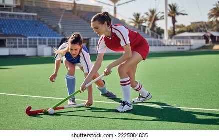 Sports Fitness, Field Hockey Game And Women Challenge For Ball In Stadium Competition, Club Rival Match Or Tournament Contest. Training Exercise, Workout And Athlete Battle Action On Arena Turf Pitch