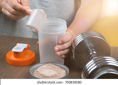 Sports, Fitness, Man Preparing A Protein Shake In A Shaker