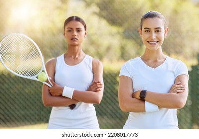 Sports, Fitness And Tennis Friends Ready For A Friendly Doubles Practice Or Training Match Outdoors On A Court In Australia. Teamwork, Challenge And Portrait Of Women Excited To Start Cardio Workout