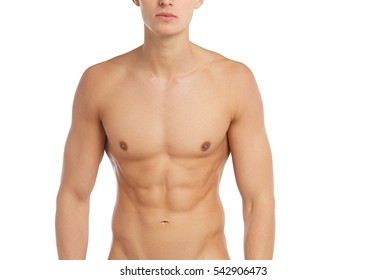 Sports and fitness topic: naked sporty muscular man standing isolated on white background in the studio, human anatomy