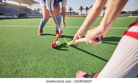 Sports Game, Field Hockey And Women Challenge For Ball In Dynamic Club Competition, Workout Performance Or Practice Match. Fitness Exercise, Training Action And Athlete Battle Tackle On Stadium Turf