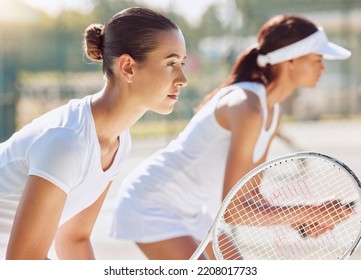 Sports Game, Tennis Team And Women Training For Professional Competition Together, Focus On Court And Ready For Teamwork Goal In Match. Athlete People With Concentration During Outdoor Sport Event