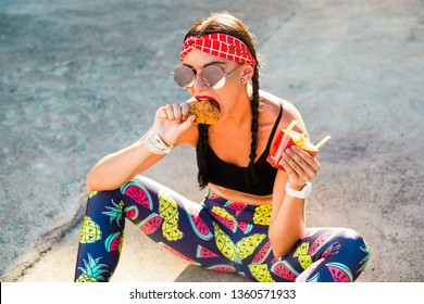 Sports Girl In Sports Clothes, Leggings, Top, Headband, Drinks And Eats Fast Food, 80s 90s Style