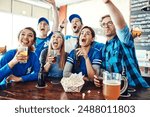 Sports, goal or people in pub with beer, popcorn or social celebration for winning or score. Excited, game or group of friends in bar for watch party, alcohol drinks or fans at diner for happy hour