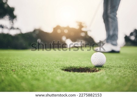 Sports, golf ball and hole on course in club for competition match, tournament and training. Target, challenge and games with equipment on grass field for practice, recreation hobby and practice
