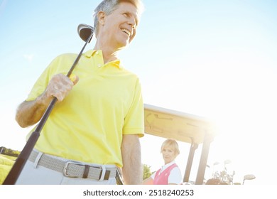 Sports, golf and happy mature man with club for game, match and competition on golfing course. Retirement, senior couple and person in morning with smile outdoors for training, fun and practice - Powered by Shutterstock