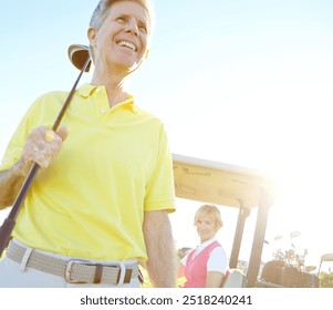 Sports, golf and mature man with club for game, match and competition on golfing course. Retirement hobby, senior couple and person in morning with smile outdoors for training, fun and practice - Powered by Shutterstock