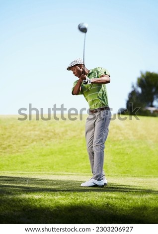 Sports, golf swing and black man with stroke in game, match and competition on golfing course. Recreation, hobby and male athlete with club driver on grass for training, fitness and golfer practice