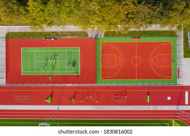 Sports ground top view. Tennis and basketball court. Aerial view. - Powered by Shutterstock