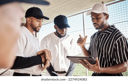 Sports group, planning or baseball coach with strategy ideas in training or softball game in dugout. Leadership, formation on tablet or black man with athletes for fitness, teamwork or mission goals - Powered by Shutterstock