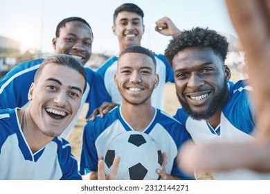 Sports, group selfie and soccer portrait of team on field for fitness training or game outdoor. Football player, club and diversity athlete men smile for sport competition, workout or challenge photo - Powered by Shutterstock