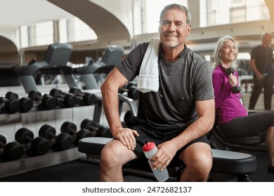 Sports, gym and portrait of senior man with water bottle for training, exercise and workout. Fitness, retirement and person resting with towel, liquid and drink for wellness, health and hydration - Powered by Shutterstock