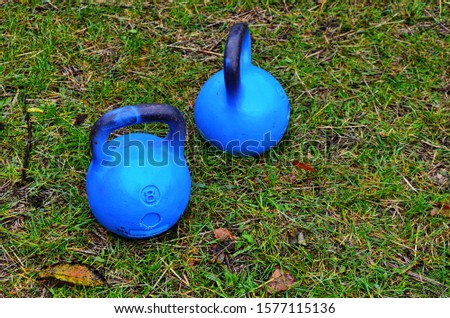 Sports gyri weightlifters on green grass. The initial level is 8 kilograms.